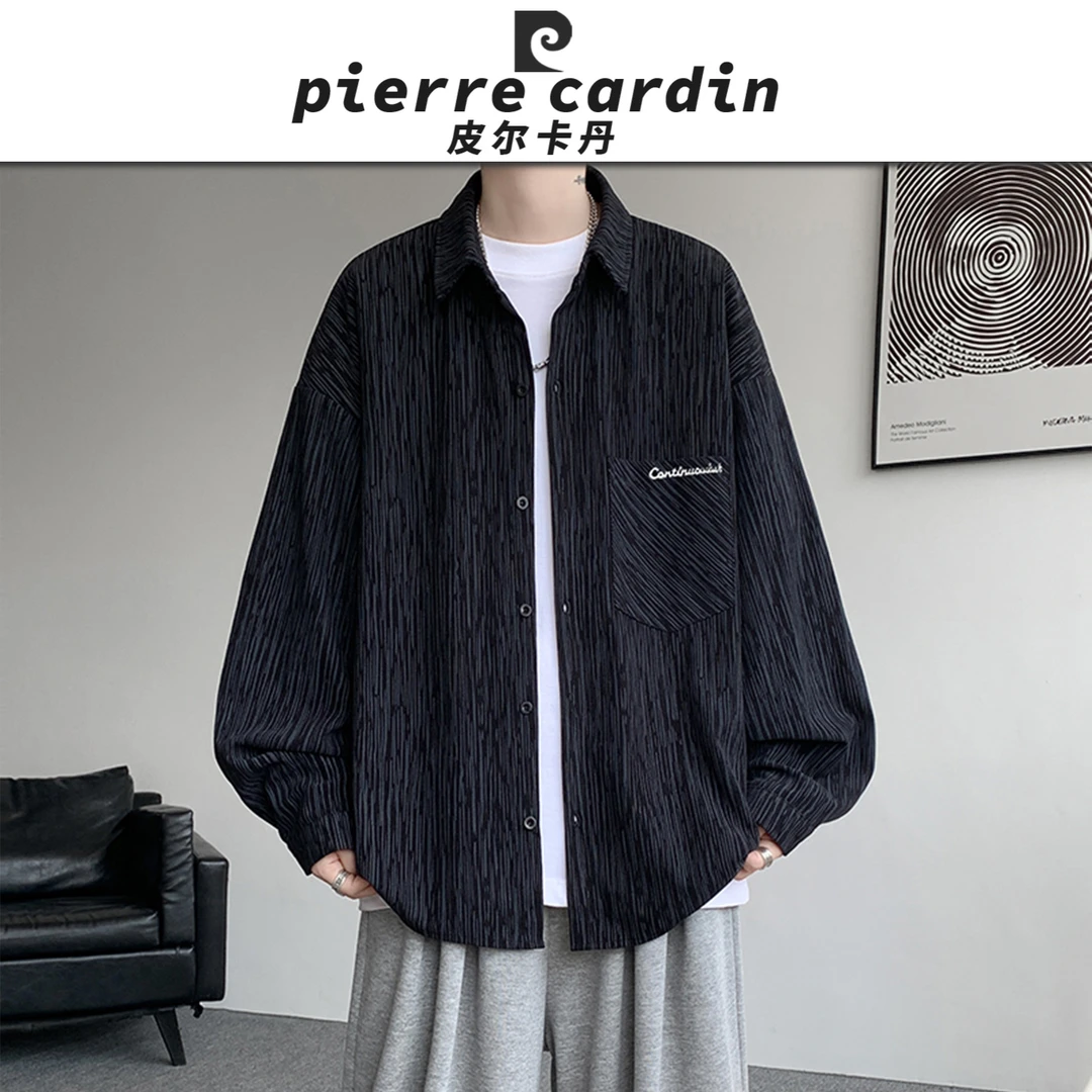 皮尔卡丹【官方】慵懒风上衣白色长袖春秋款休闲宽松刺绣衬衣外套男