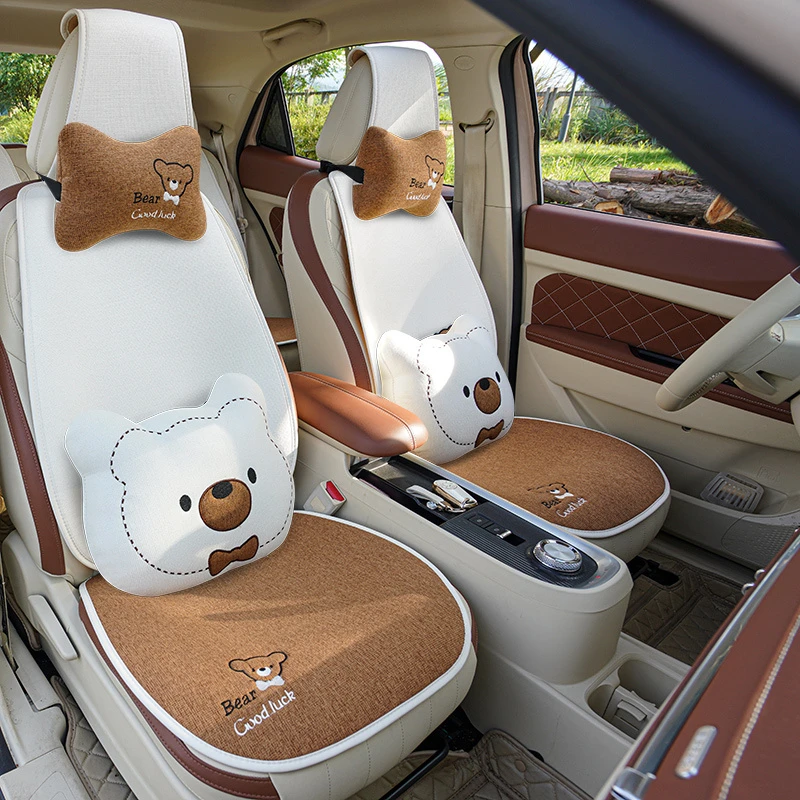 可爱熊亚麻汽车坐垫四季通用透气防滑单片女简约款卡通后排座椅套