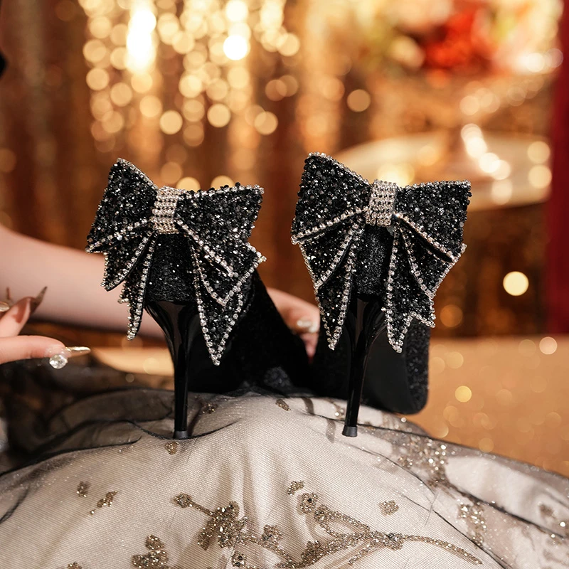 轻奢高级感成人礼公主亮片黑色高跟鞋女细跟蝴蝶结格利特宴会气质
