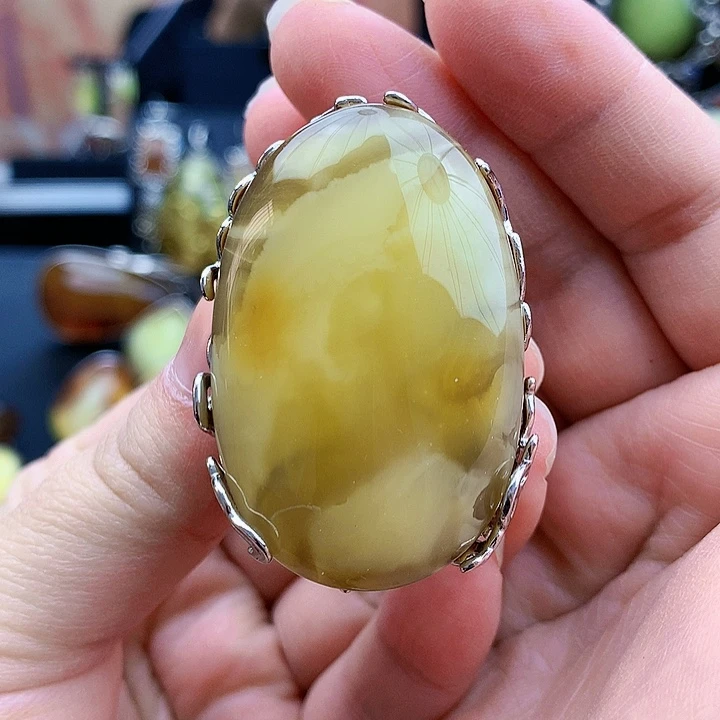 琥珀裸石银S925镶嵌戒指