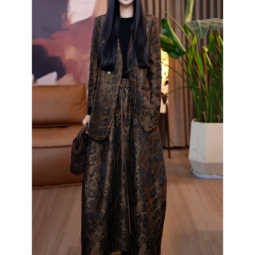 复古文艺风印花高档裙套装2025秋季新款遮肉显瘦百搭上衣+半身裙