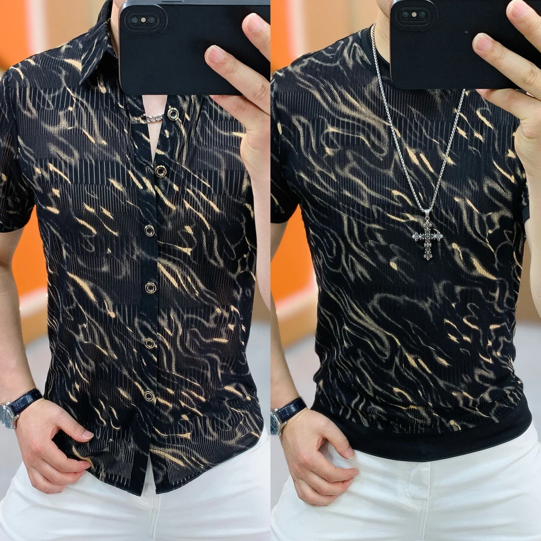 【阿凯严选】高品质夏季新款男士潮流时尚个性冰丝镂空短袖轻奢衬衫