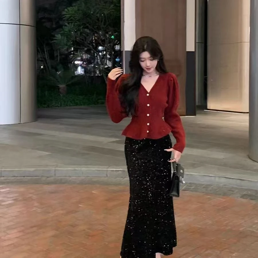 早秋黑色松紧腰亮片丝绒鱼尾裙半身裙女中长款显瘦垂感气质长裙