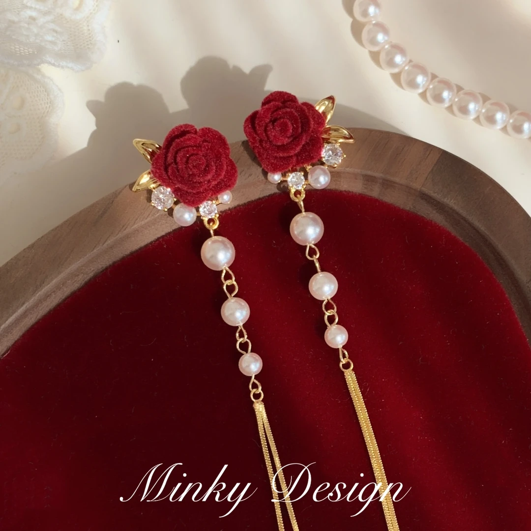 铜合金耳饰 「玫瑰之露」原创红色玫瑰珍珠耳钉蚊香盘耳夹耳环耳饰