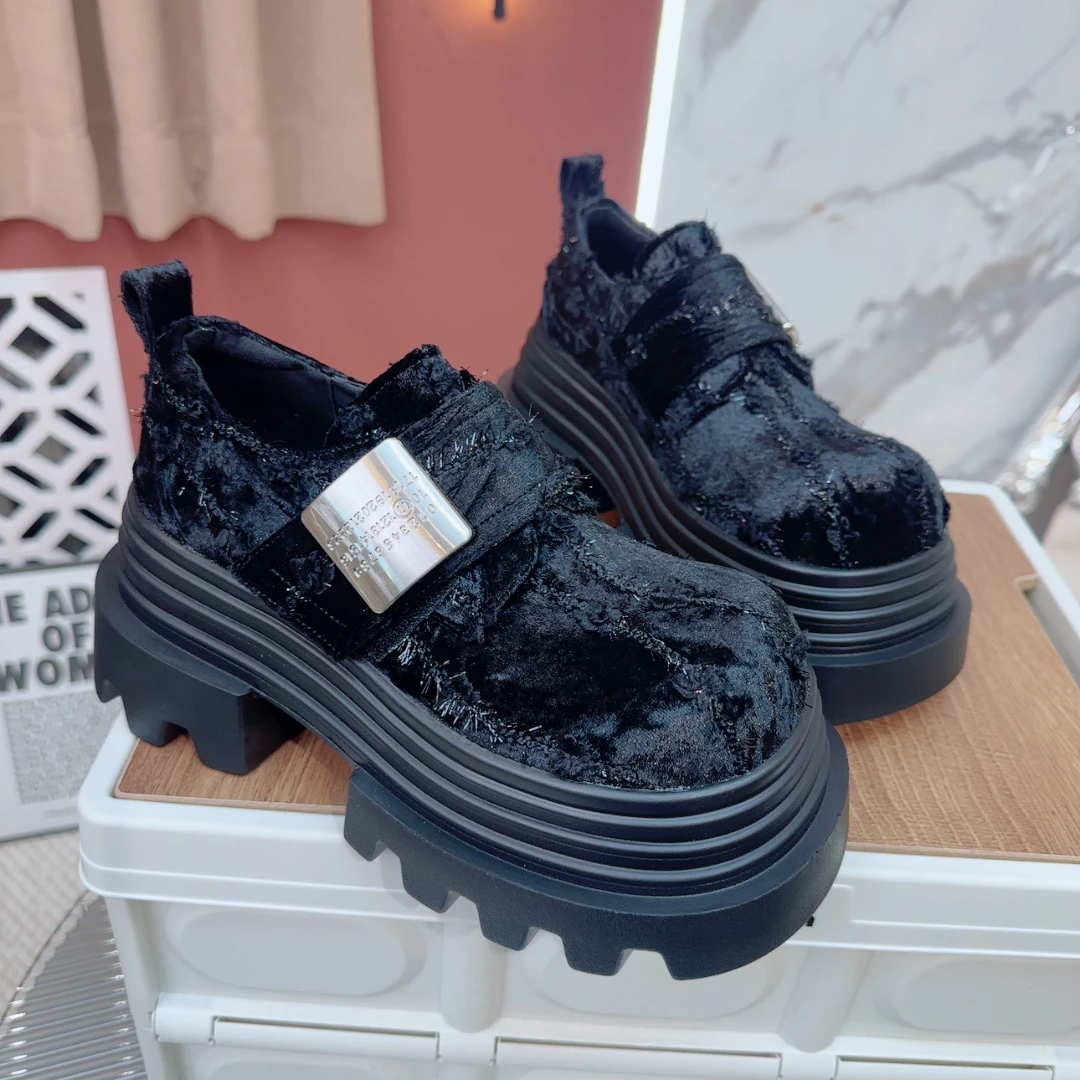 春新款绒布魔术贴低帮鞋圆头松糕厚底乐福鞋英伦风女鞋666-18