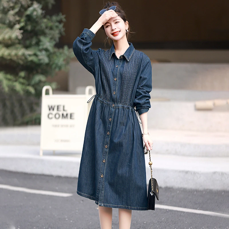 欧货牛仔连衣裙女长袖秋季2025新款时尚大码胖mm显瘦中长款衬衫裙