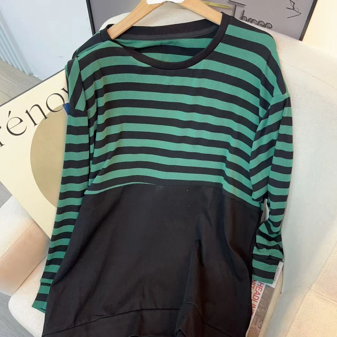 1729 松弛感圆领宽松长袖条纹拼接设计感上衣