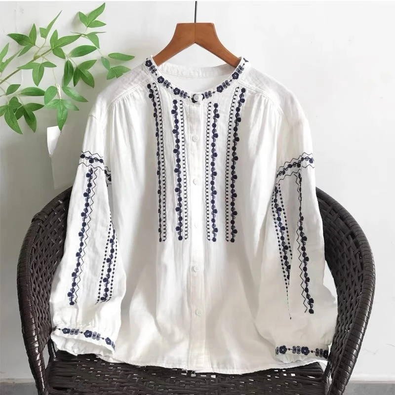 【八分袖立领蓝刺绣棉纱衬衫】3716