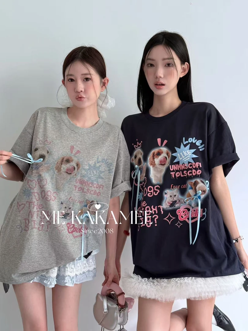 福秒-猫猫小狗印花的！少女感宽松短袖T（KA3191#）KAKAME