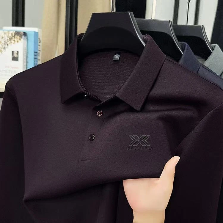 长袖秋季休闲Polo衫简约风中老年丝光免烫男士纯色磨毛新款