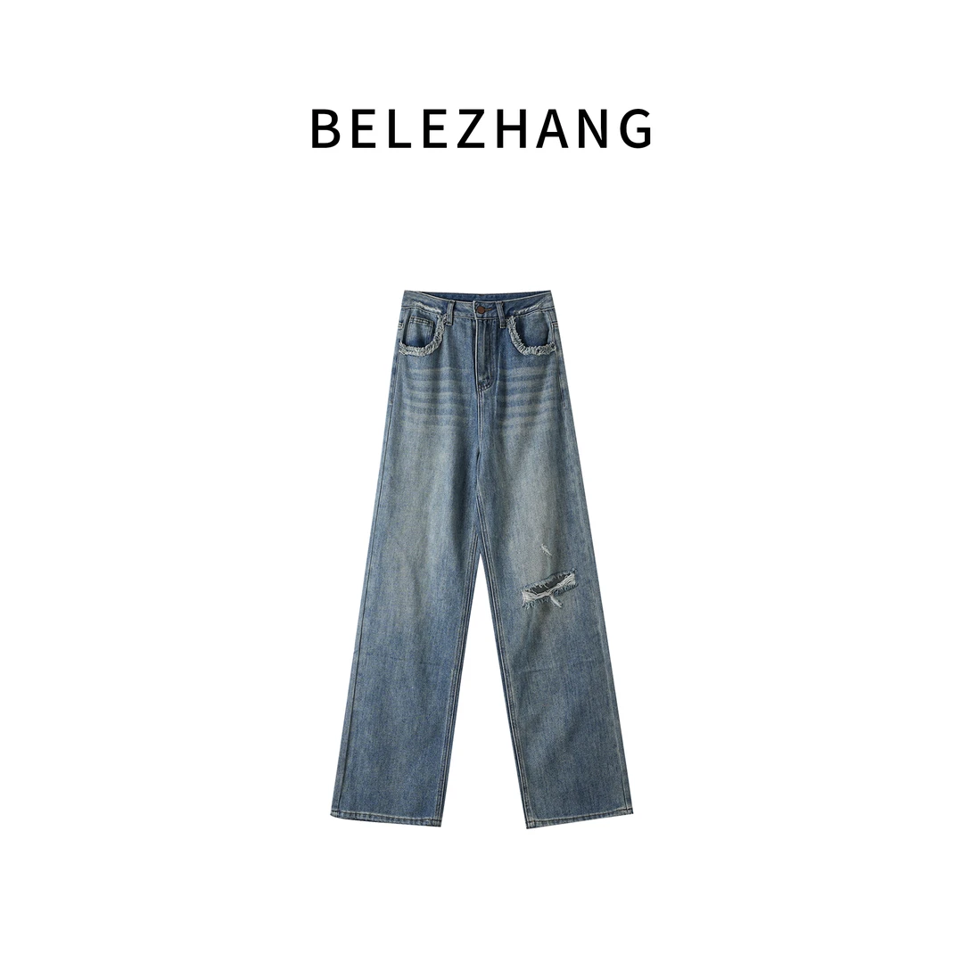 BELE ZHANG 美式重工设计休闲时尚破洞女士牛仔裤-0936