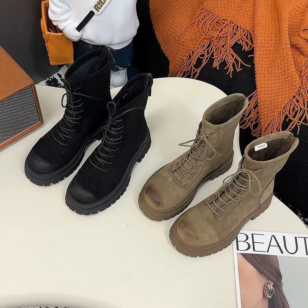 秋冬新款韩版通勤瘦瘦简约粗跟裸靴短靴62-7878(不加绒)