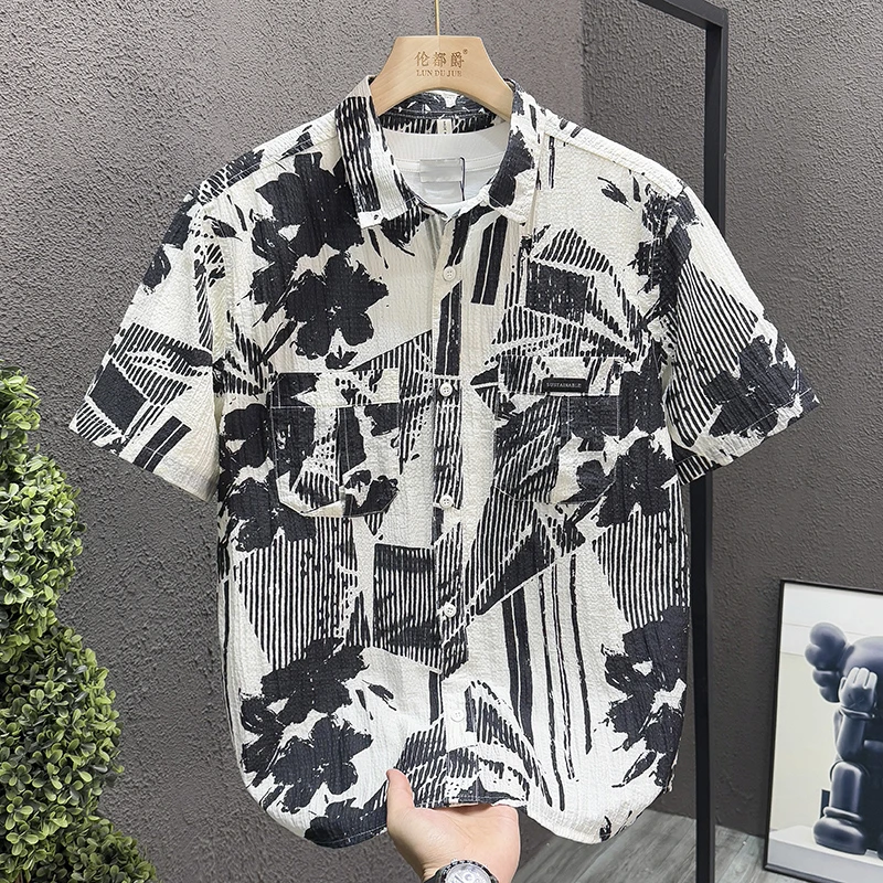 轻奢潮流印花条纹男装衬衫夏季薄款短袖休闲轻熟风韩式百搭衬衣男