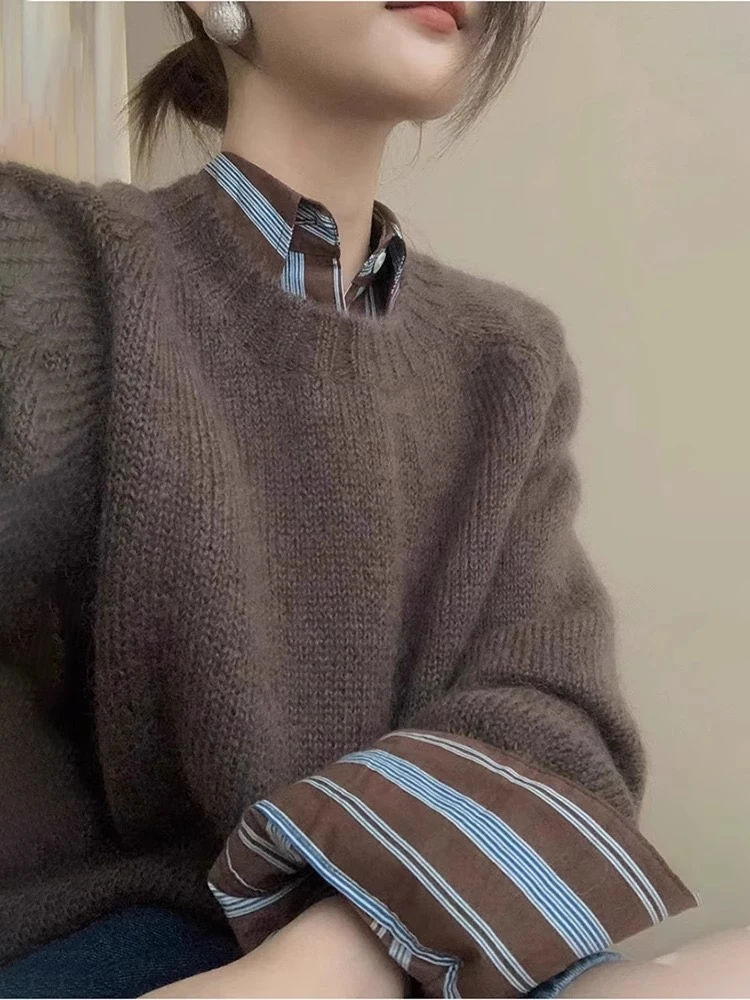 2025美拉德棕色秋季衬衫慵懒风软糯加厚毛衣上衣新款套装