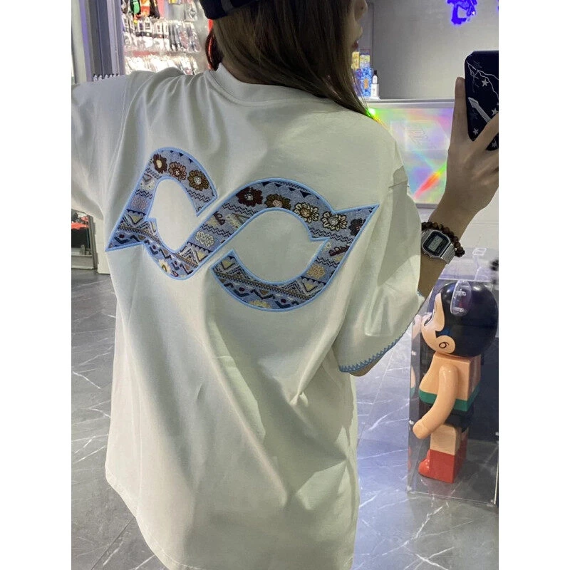 BIPOLAR贴布全刺绣牛仔蕾丝格纹三拼短袖韩系宽松圆领T恤男女款夏