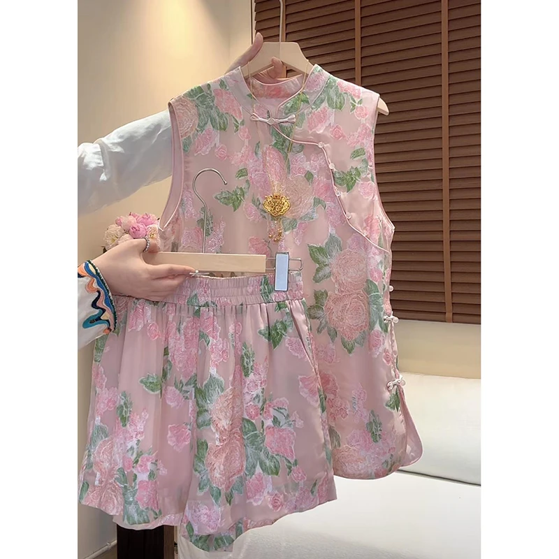 新中式休闲套装女2025年夏季新款盘扣立领上衣高腰阔腿短裤两件套