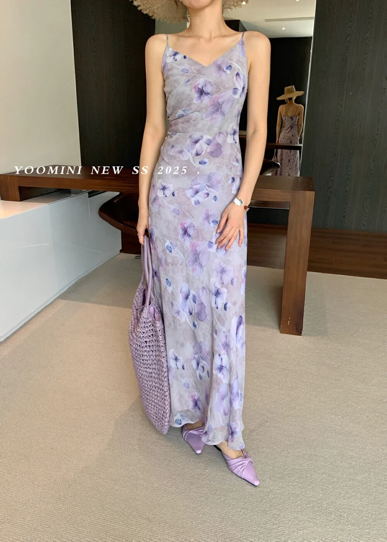 【福利no退换】16443 荡领露背韵味捏褶修身度假吊带连衣裙 ➕开衫