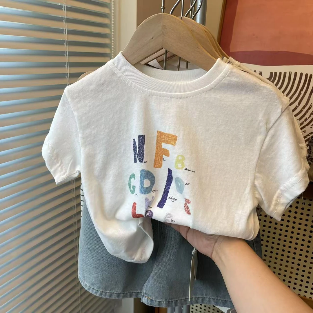 高品质~2025夏季新款男女童字母印花短袖T韩版宽松宝宝棉上衣潮