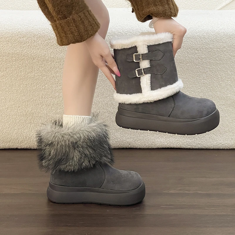 OJRZ百搭六穿可拆卸加厚保暖雪地靴女2025新冬复古费尔岛风毛毛鞋