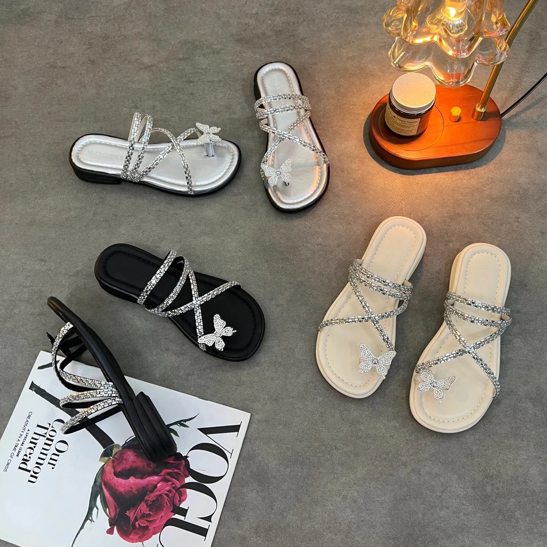 网红水钻拖鞋女外穿2025夏季新款百搭超火两穿蝴蝶凉鞋仙女风拖鞋