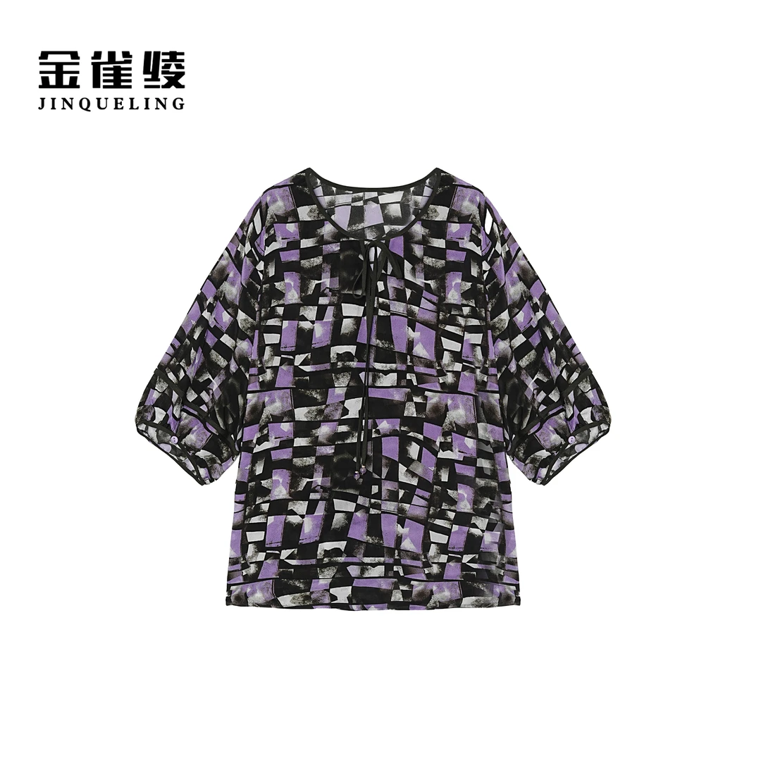 金雀绫【紫苑日记】100桑蚕丝格子潮流印花加宽加大小衫SZA2S317