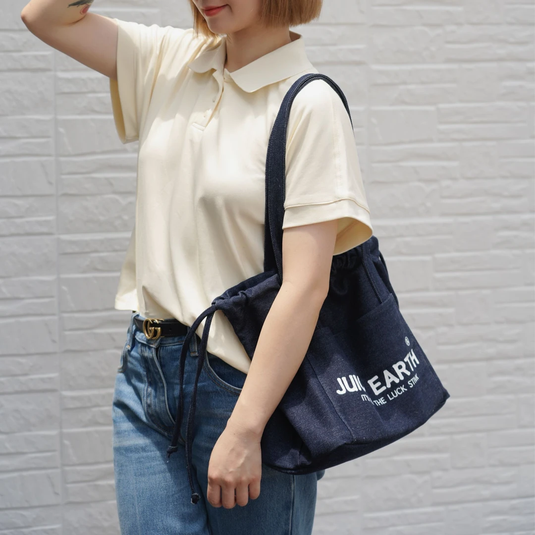 L072 韩系休闲百搭轻便慵懒感深蓝帆布牛仔单肩抽绳包