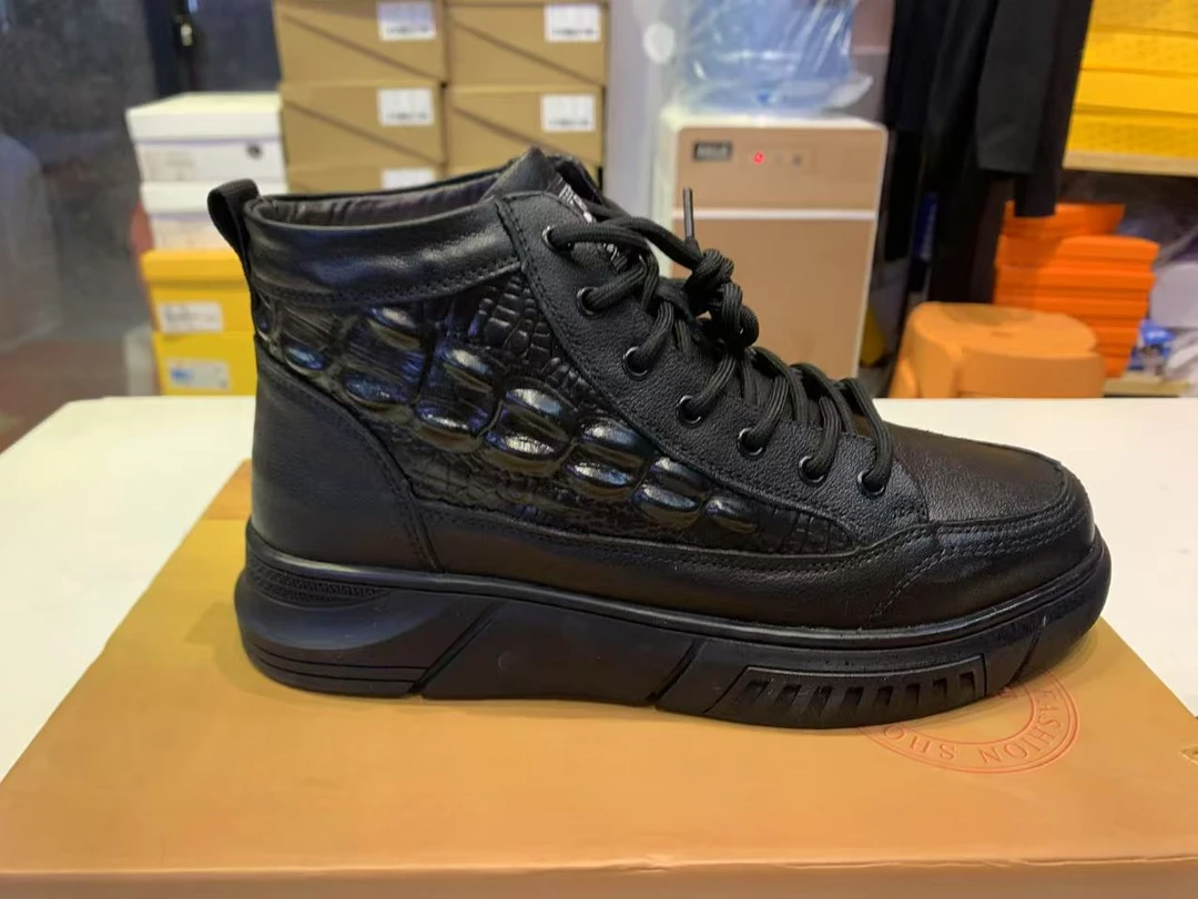 梁哥专属9096头层牛皮男鞋冬季羊毛加绒保暖棉鞋男冬款中帮鳄鱼纹