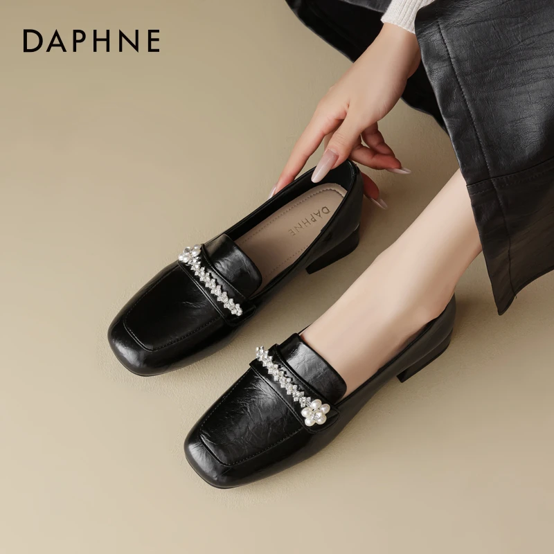 达芙妮新款法式浅口单鞋女2025秋季方头粗跟乐福鞋时尚软皮小皮鞋