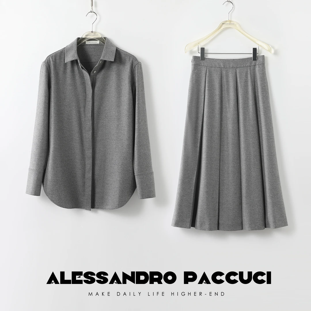 AP洛哥25876X 绵羊毛+桑蚕丝灰色时尚休闲翻领衬衣/打褶半身裙
