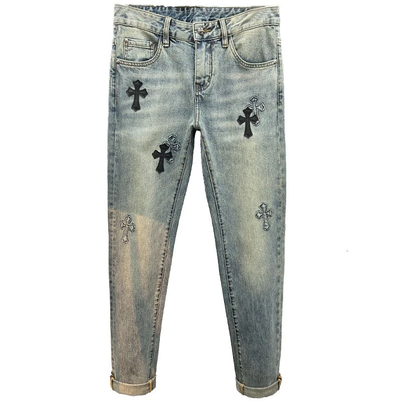 美式高街潮牌春季新款十字架修身做旧牛仔裤休闲裤子夏季男士薄款
