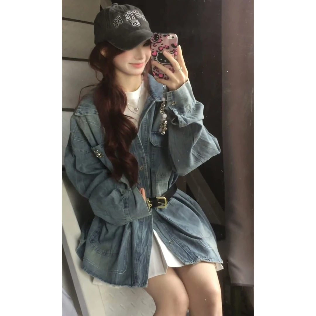 美式复古水洗牛仔衬衫外套女秋季2025新款宽松BF慵懒风夹克上衣潮