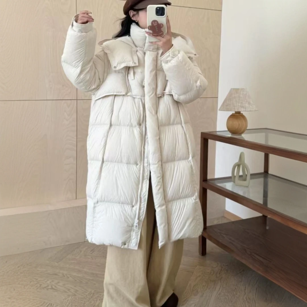 女2024冬新款时尚百搭连帽立领宽松通勤加厚保暖过膝外套9981