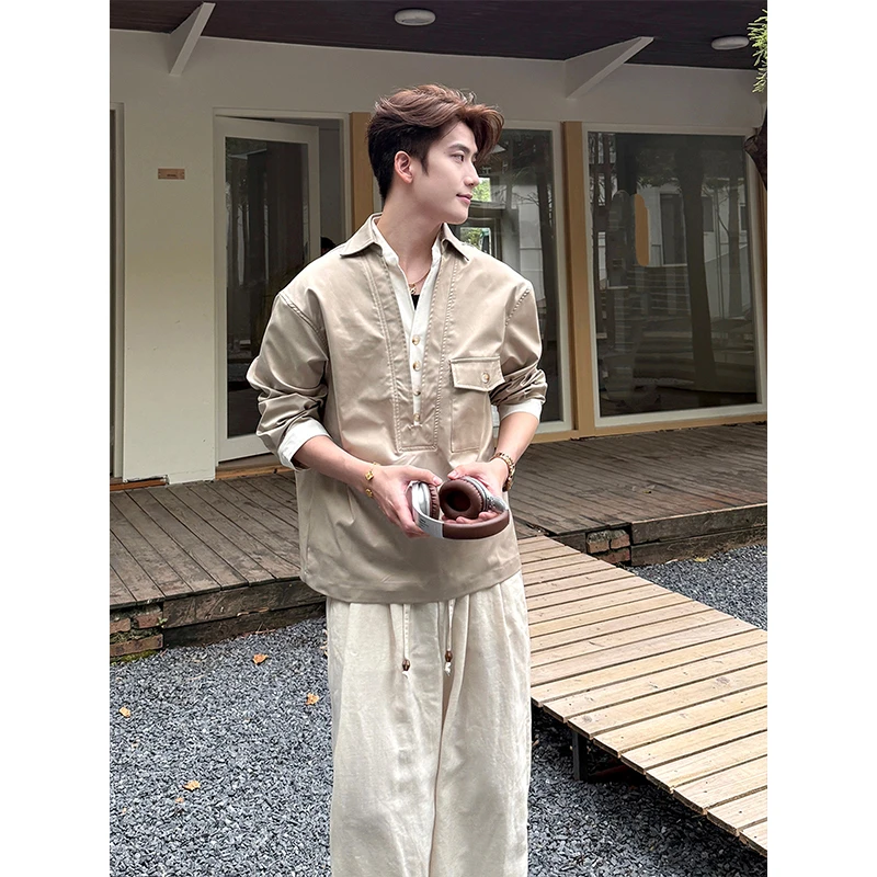 老钱风V领假两件长袖衬衫男秋季高级感痞帅衬衣美式复古工装外套