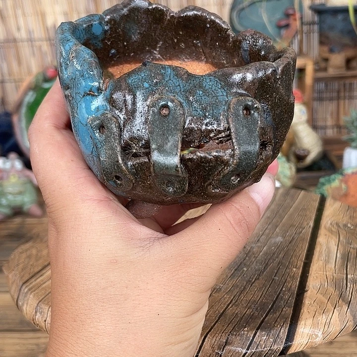 手工粗陶高温釉下彩花盆