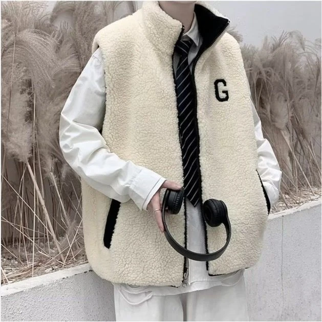 羊羔毛马甲外套男两面穿潮牌宽松大码秋冬季厚款外穿保暖棉衣潮流