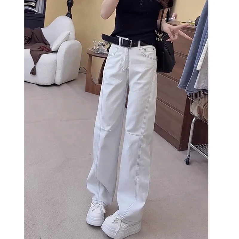 2025早秋新款牛仔裤女大码薄款显瘦窄版直筒拖地裤遮肉减龄阔腿裤