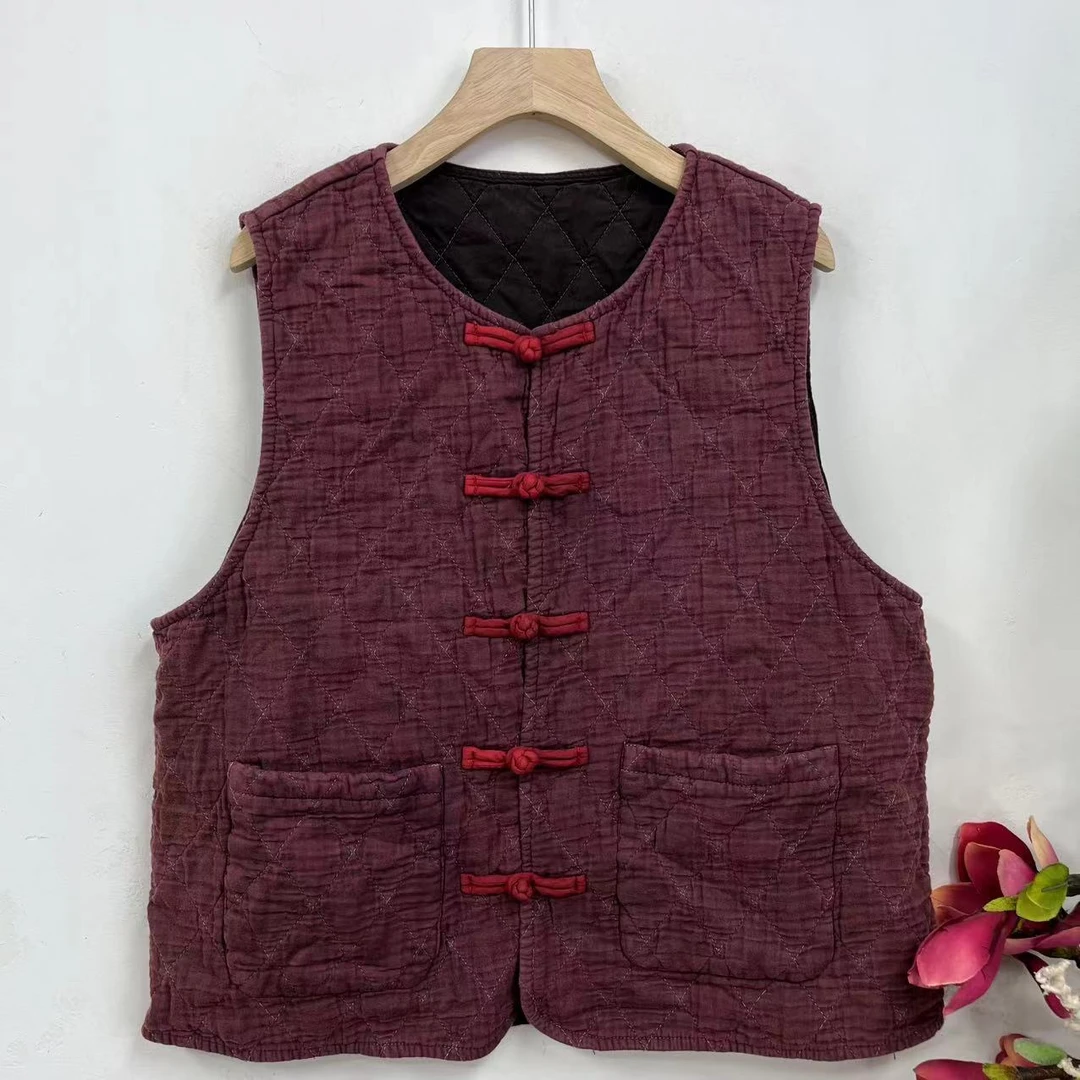 花璟原创设计复古炒色做旧盘扣开襟马甲（衣长58胸围不限）