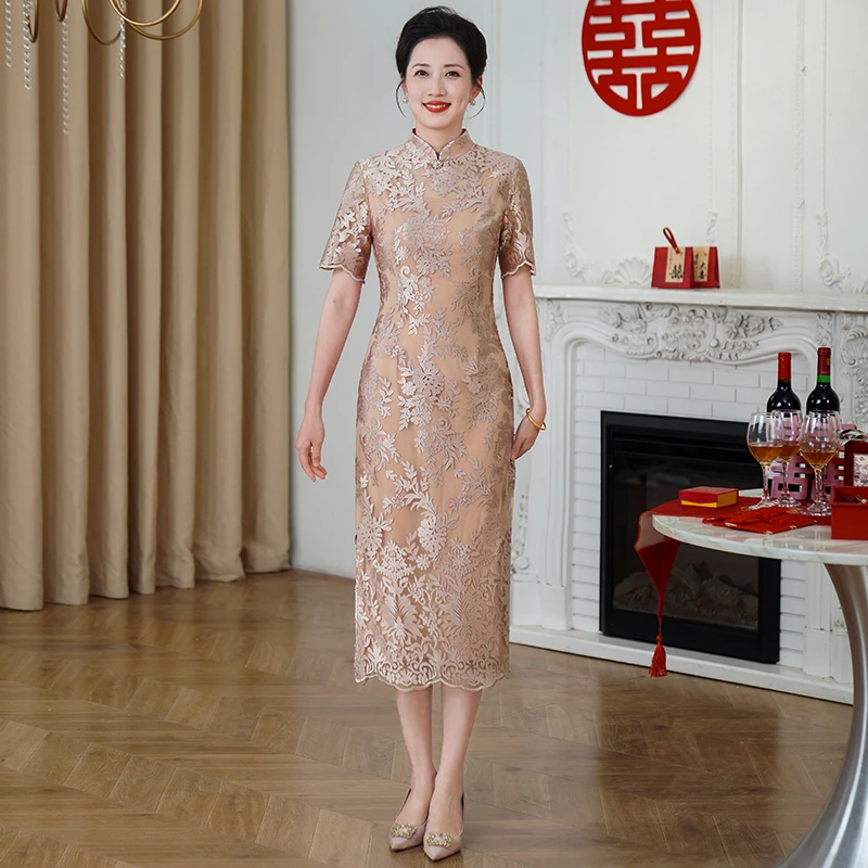 夏装新款高端婚礼丈母娘连衣裙妈妈喜婆婆婚宴装改良旗袍大码5XL