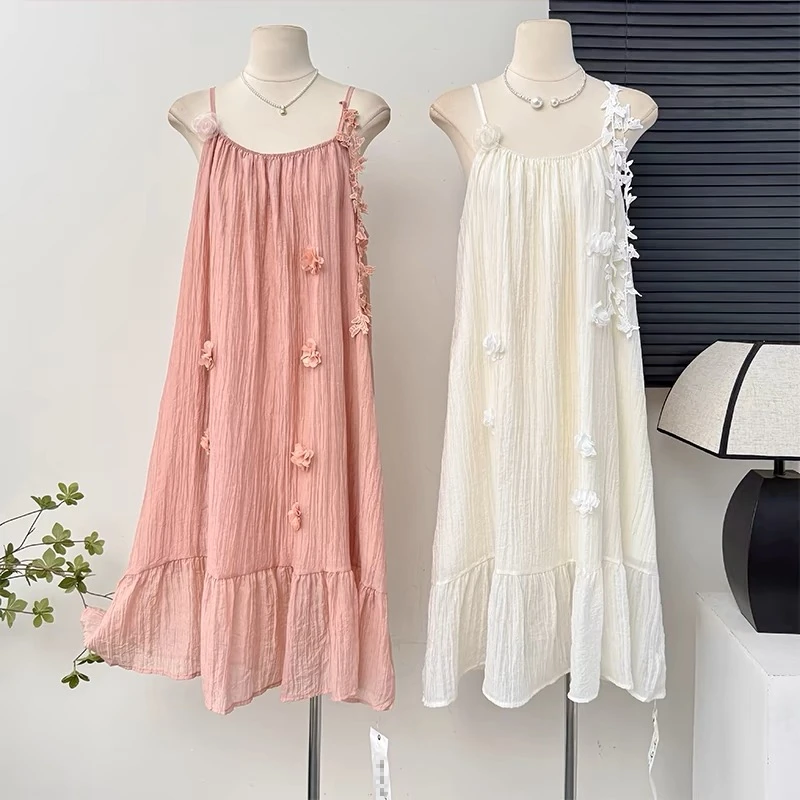 夏季连衣裙吊带法式吊带裙长裙挂脖褶皱度假长裙仙女裙宽松显瘦