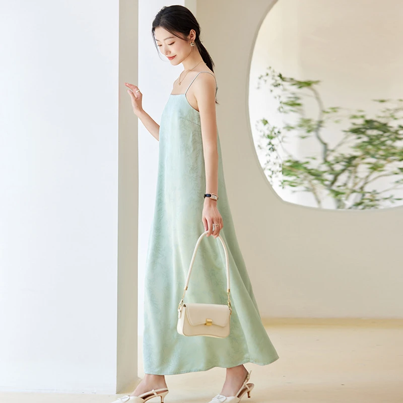 法式黑色吊带裙女夏季质感高级新中式缎面背心裙长裙子宽松连衣裙