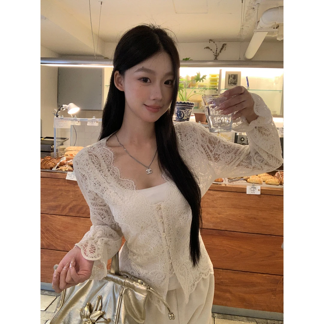 【深秋】秋季法式气质春日清晰蕾丝镂空纯欲T恤253V1985#