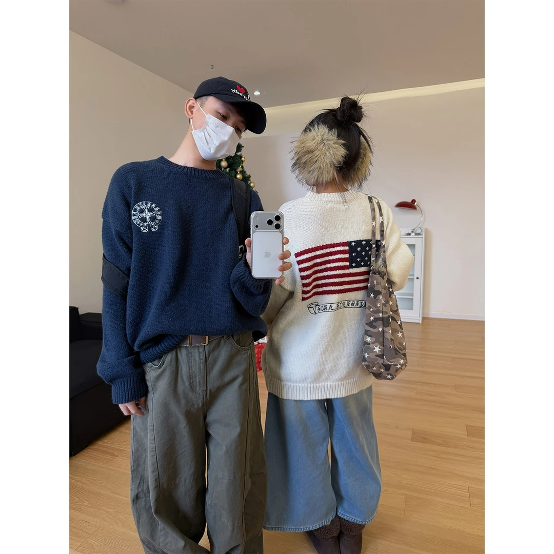 19studio WAYNEPRINCE美式提花圆领针织毛衣宽松休闲百搭套头毛衫