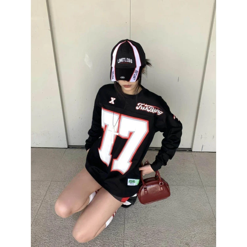 美式高街hiphop球衣风长袖t恤男秋季高级感冰球服卫衣情侣打底衫
