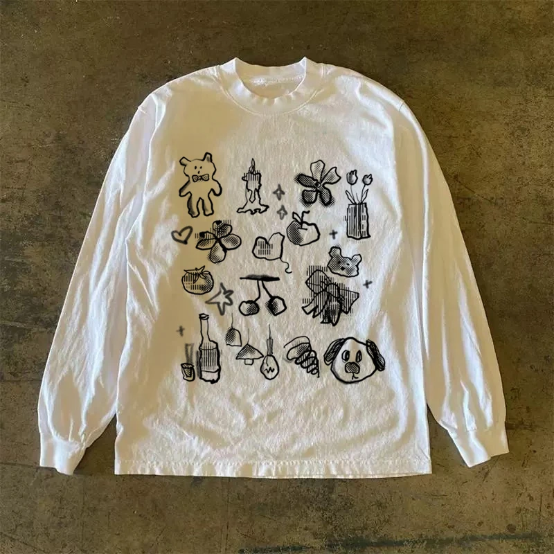 300克重磅！趣味涂鸦早秋显瘦长袖t恤圆领打底衫美式百搭2025新款
