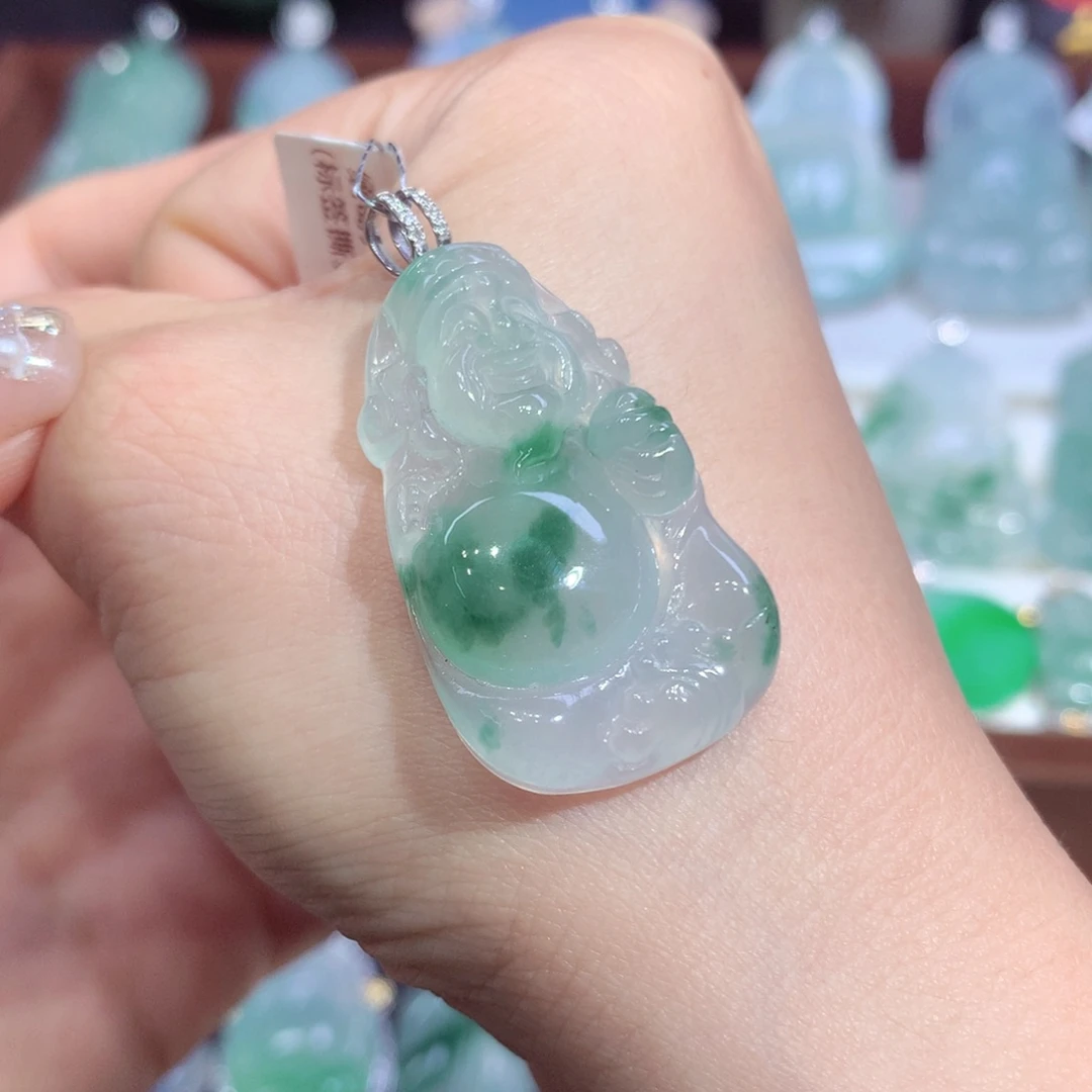 吊坠(不含链)18K金镶嵌翡翠天然缅甸A货翡翠揭阳工财神爷