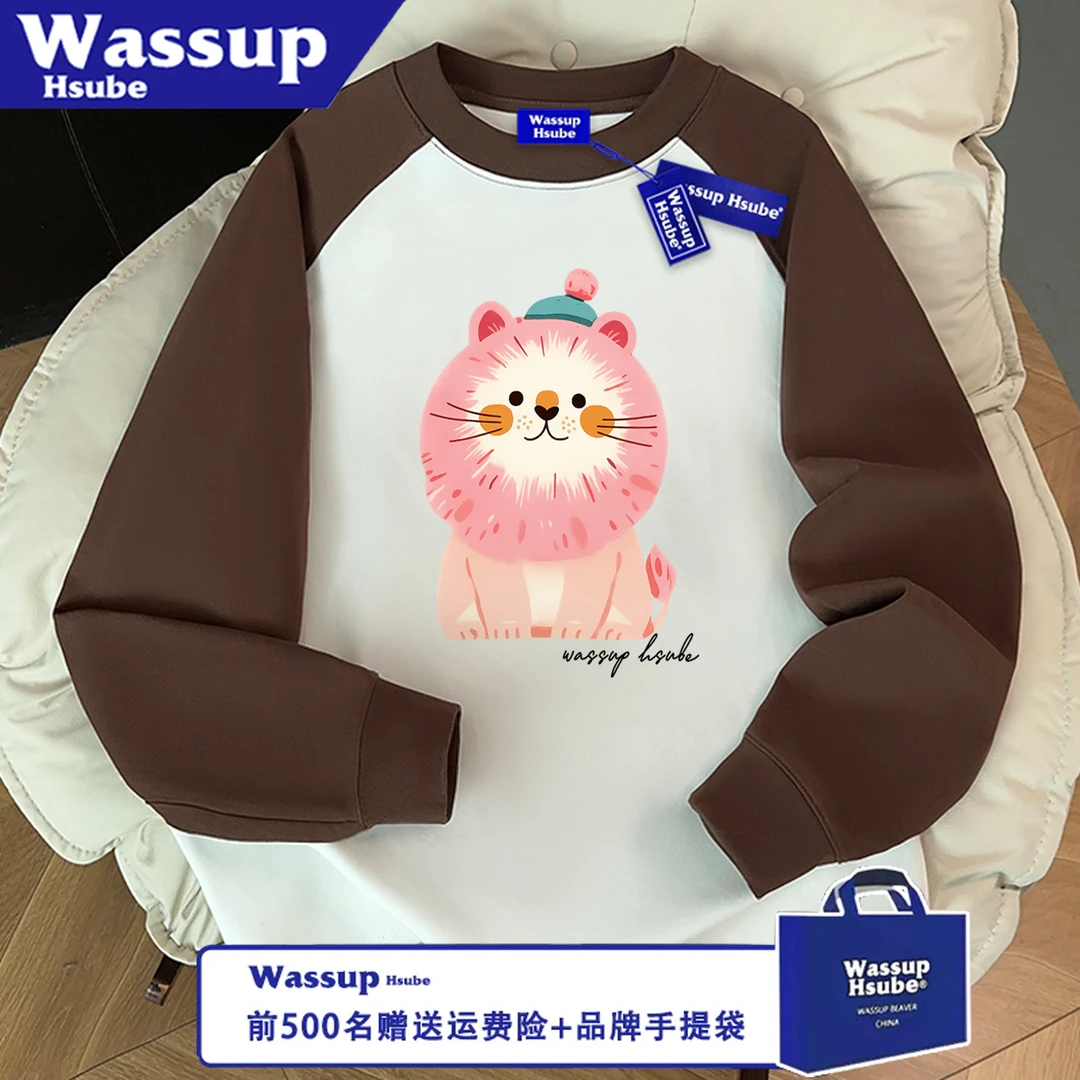 WASSUP HSUBE百搭潮流美式宽松圆领长袖印花粉色狮子秋冬情侣上衣