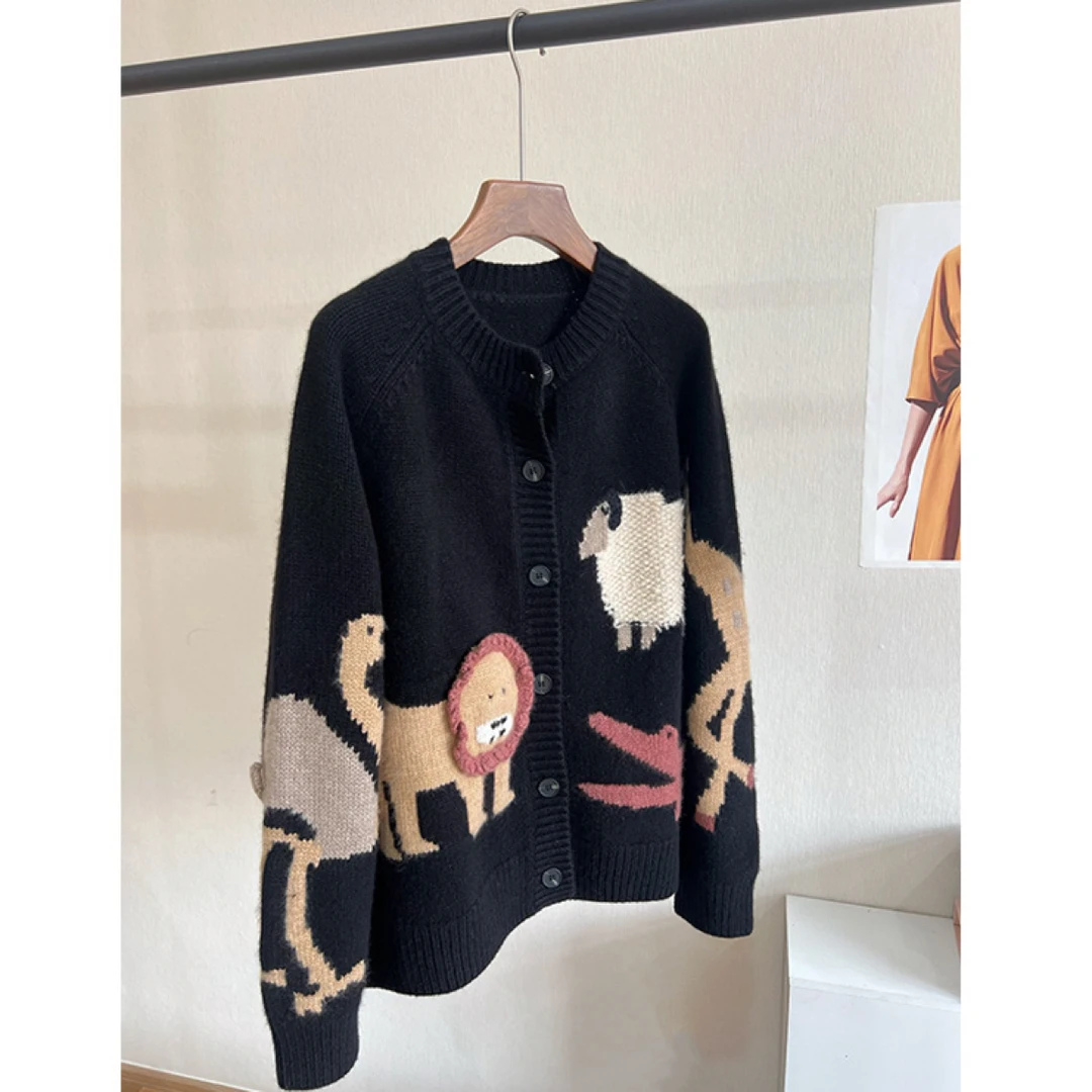 【动物园】100纯山羊绒重工加厚嵌花加手工刺绣开衫羊绒衫