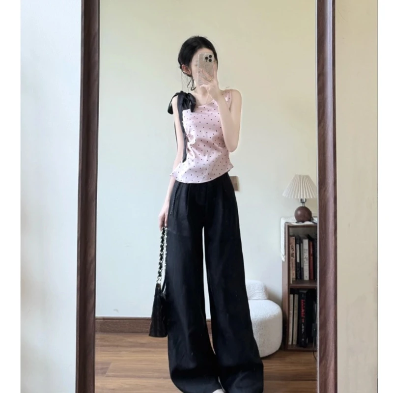 夏季新款纯欲波点绑带蝴蝶结斜肩吊带背心无袖上衣