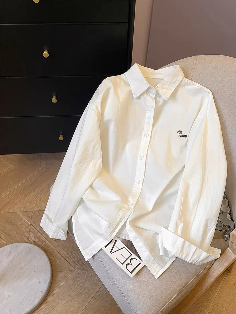 韩系小狗刺绣白色衬衫小个子简约翻领百搭气质休闲上衣外套慵懒风
