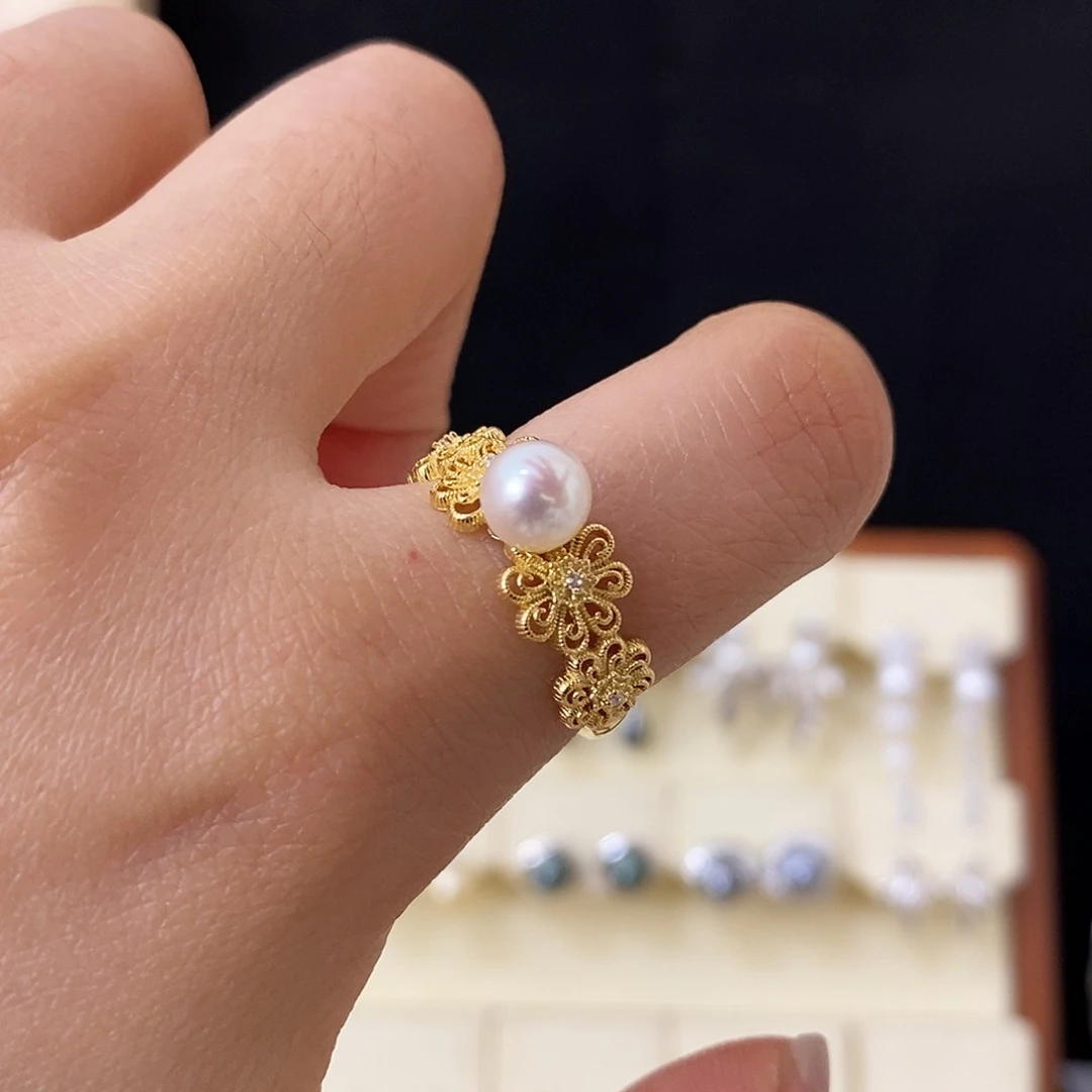 戒指淡水珍珠银S925镀金镶嵌